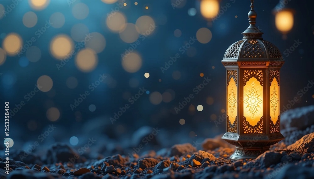 Eid Mubarak Lantern with Festive Lights and Islamic Calligraphy. Eid Mubarak Lantern with Festive Lights and Islamic Calligraphy.