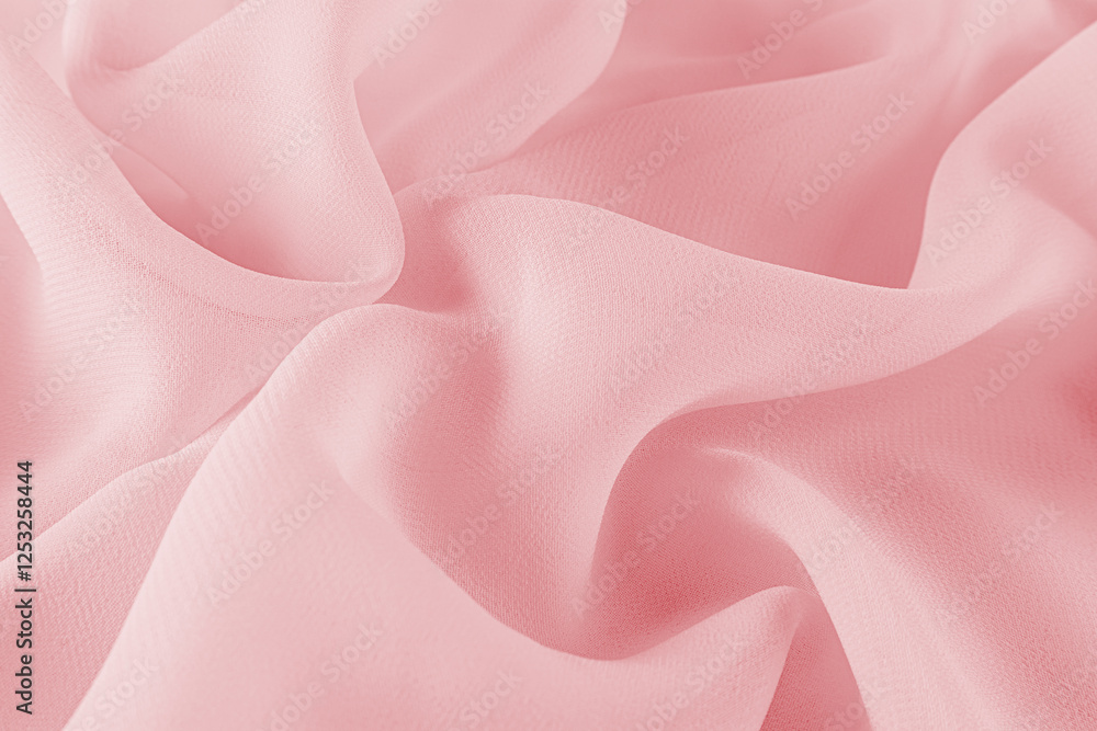 Obraz premium Silk fabric texture, pink soft waves. An elegant festive backdrop. Pink chiffon fabric drapery. Holiday design layout. tissue sample.