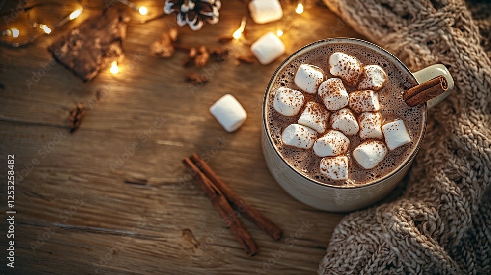 Cozy hot chocolate with marshmallows on wooden table, warm lights, and knitted blanket. Cozy hot chocolate with marshmallows on wooden table, warm lights, and knitted blanket.