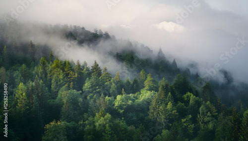 Fototapeta Naklejka Na Ścianę i Meble -  Misty Low-Hanging Clouds Over a Forest