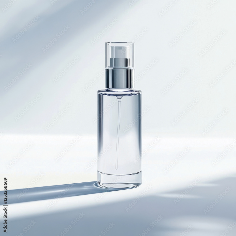 clear cosmetic bottle with transparent label, elegantly designed, stands on soft surface, casting gentle shadow. minimalist aesthetic enhances its modern appeal clear cosmetic bottle with transparent label, elegantly designed, stands on soft surface, casting gentle shadow. minimalist aesthetic enhances its modern appeal