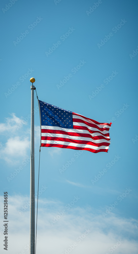 Obraz premium American Flag Waving Proudly: Stars, Stripes, and Patriotic Symbolism Against a Bright Blue Sky. United States Pride!