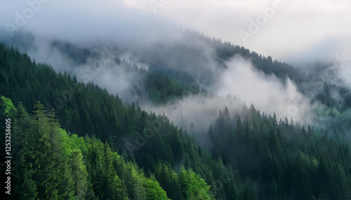 Fototapeta Naklejka Na Ścianę i Meble -  Misty Low-Hanging Clouds Over a Forest