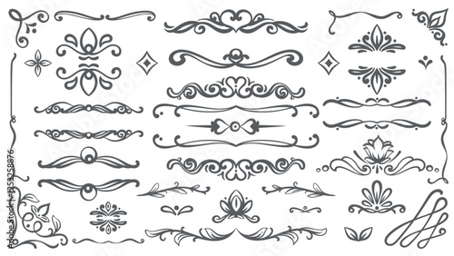 Floral design elements and flourishes line icons set. Outline hand drawn vintage ornate borders and frames with flowers and hearts, retro calligraphic decor design collection vector illustration