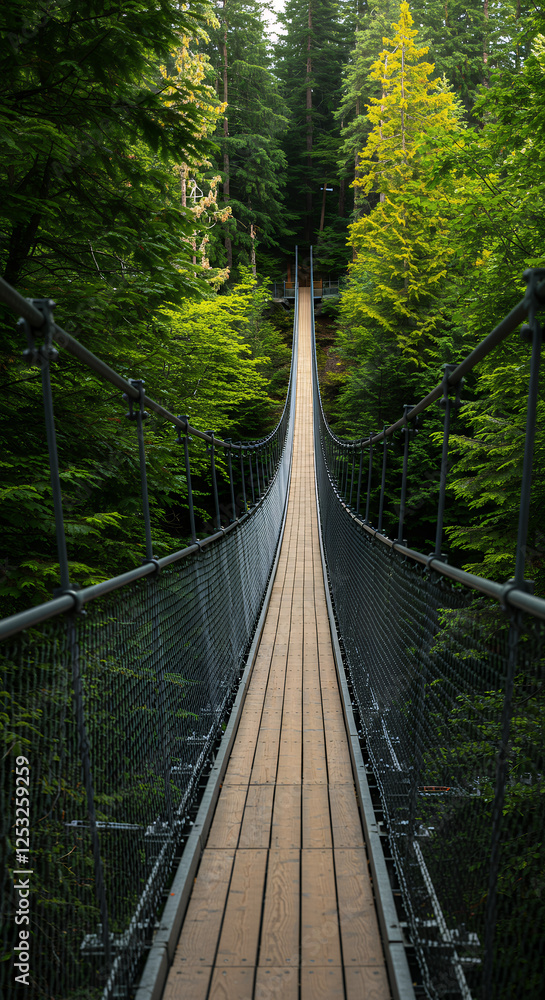 Obraz premium Forest Suspension Bridge: Walk Among Giants! Nature Escape, Scenic Views, Adventure Hike, Tranquil Wood. Explore the Wilderness Today!