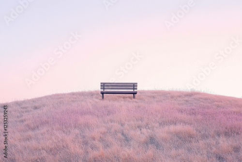 Serene bench on a hill surrounded by soft pastel grass, perfect for moments of reflection and tranquility in nature s embrace photo