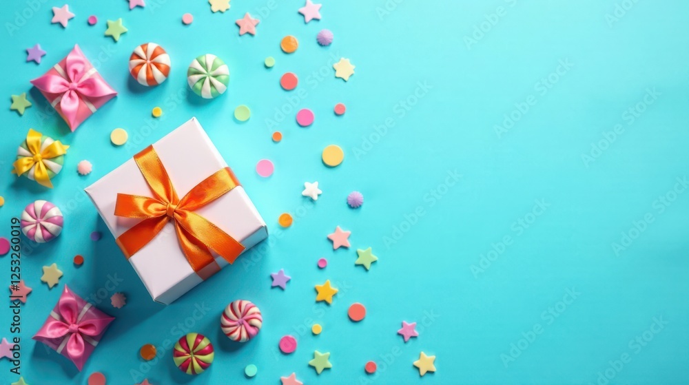 Obraz premium A Festive Gift Presentation with Colorful Candies and Confetti on a Vibrant Blue Background