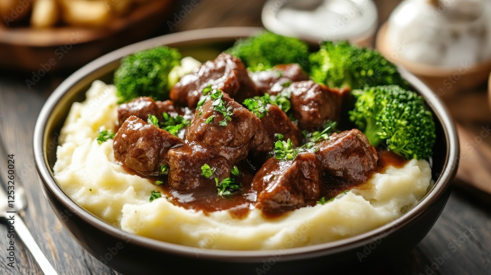 Beef stew served over creamy mashed potatoes and broccoli. Perfect for showcasing comfort food, restaurant menus, or culinary blogs. Beef stew served over creamy mashed potatoes and broccoli. Perfect for showcasing comfort food, restaurant menus, or culinary blogs.