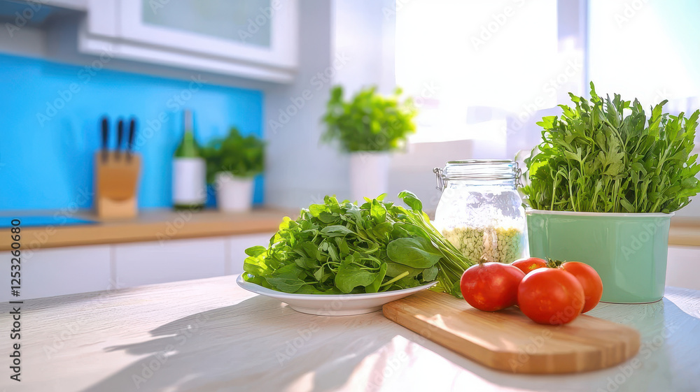 Fresh vegetables and herbs on kitchen counter, perfect for healthy cooking. Bright and minimalistic scene with tomatoes and greens