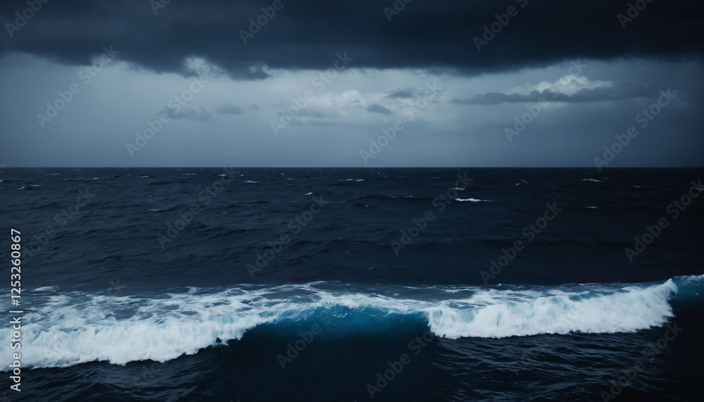 The ocean is rough and choppy, with dark clouds looming overhead The ocean is rough and choppy, with dark clouds looming overhead