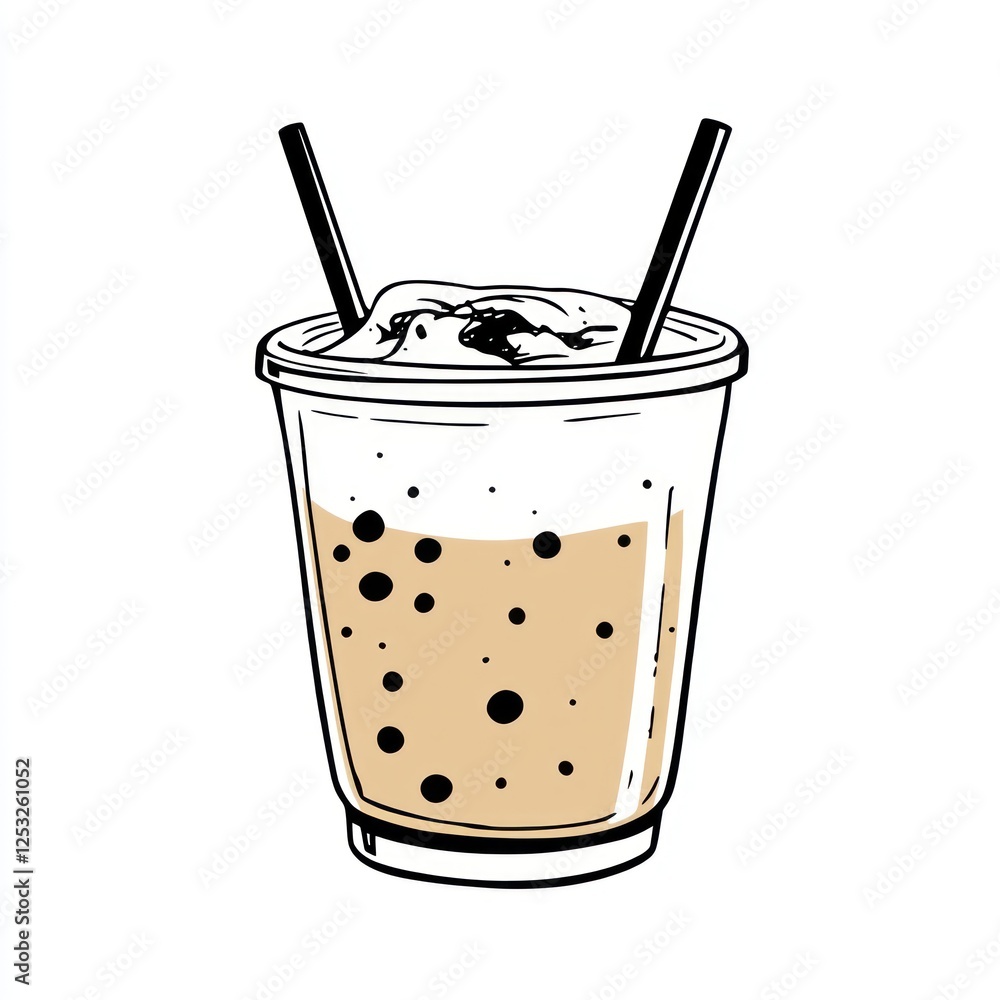 Stylized illustration of a drink with boba Stylized illustration of a drink with boba