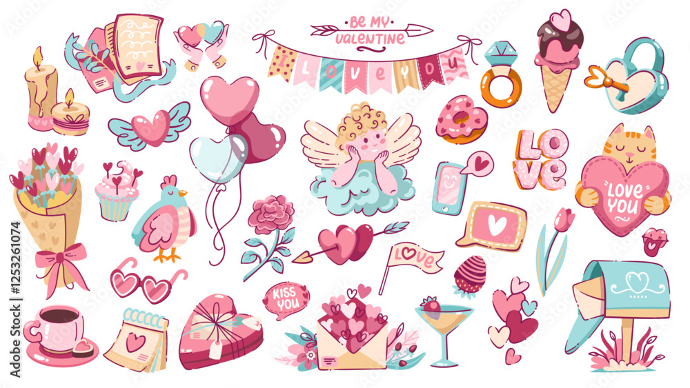 Valentine day cartoon stickers set. Funny heart balloons and love gift, pink flower and cupid arrow, letter in envelope. Valentine day mascots, cartoon love elements collection vector illustration Valentine day cartoon stickers set. Funny heart balloons and love gift, pink flower and cupid arrow, letter in envelope. Valentine day mascots, cartoon love elements collection vector illustration