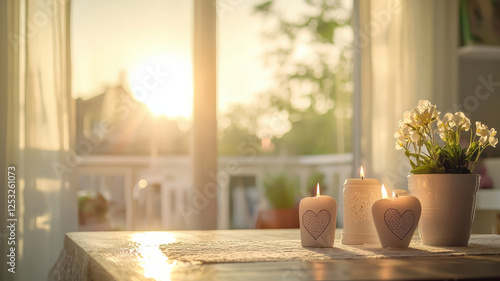 Minimal heart shaped candles on table with flowers, creating warm ambiance