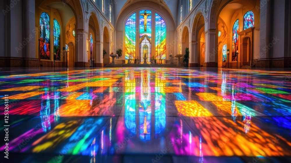 Obraz premium Cathedral Interior Illuminated By Vibrant Stained Glass Windows