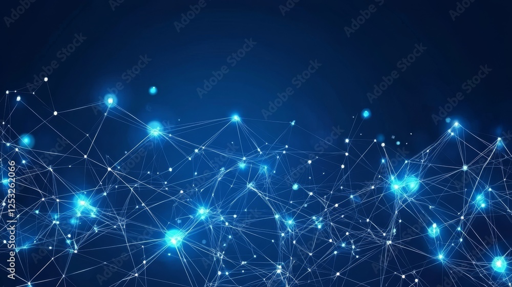 Glowing Blue Network on Dark Background, Digital Connections, Abstract Technology with Shining Nodes Glowing Blue Network on Dark Background, Digital Connections, Abstract Technology with Shining Nodes