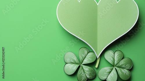 Green Paper Heart and Shamrocks on Green Background