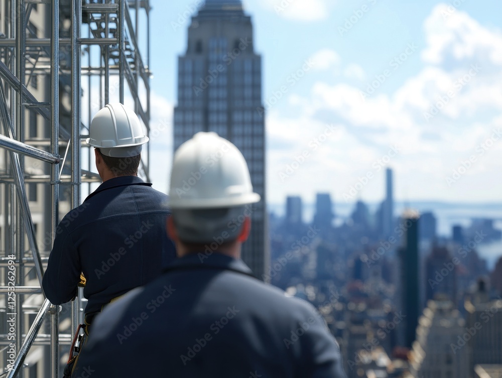 Construction Workers on Scaffold Overlooking City Skyline Construction Workers on Scaffold Overlooking City Skyline