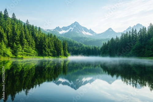 A serene lake at sunrise with soft golden light reflecting on still water. Generative AI