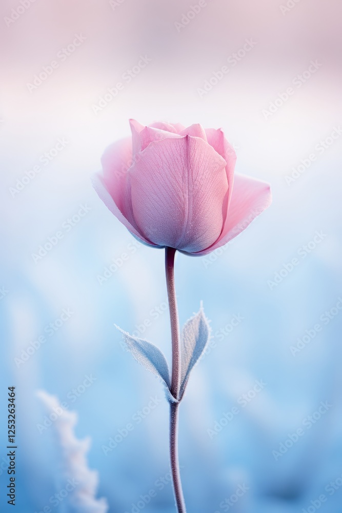 Frosted blossom capturing the beauty of a flower adorned with ice against a soft background Frosted blossom capturing the beauty of a flower adorned with ice against a soft background