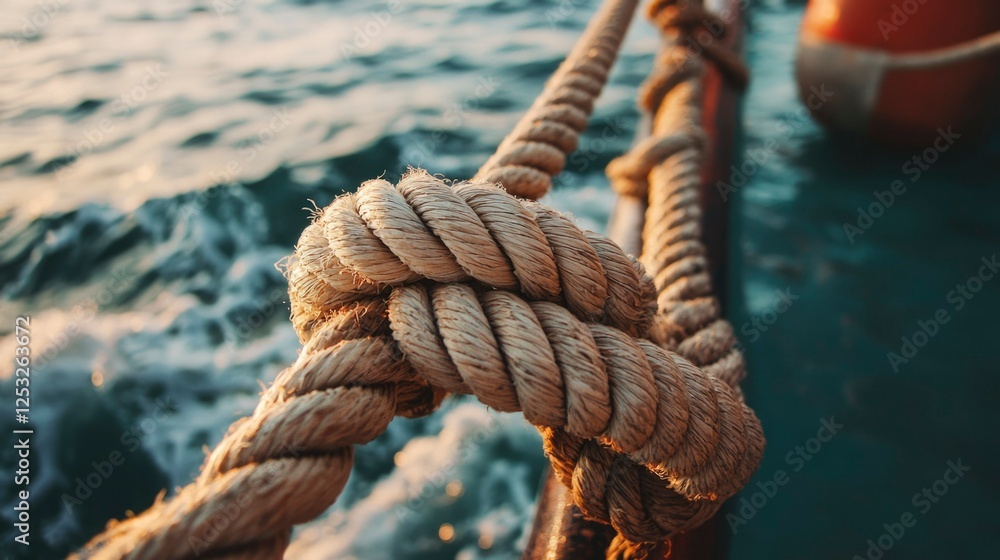 Fototapeta premium Close-up of nautical rope knot on a boat. Possible use for nautical, ship, or marine design inspiration or educational purposes