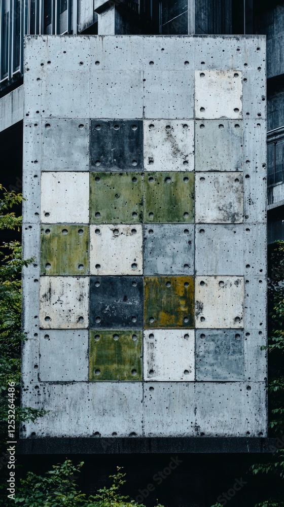 Grey Concrete Wall with Green and White Square Pattern Grey Concrete Wall with Green and White Square Pattern