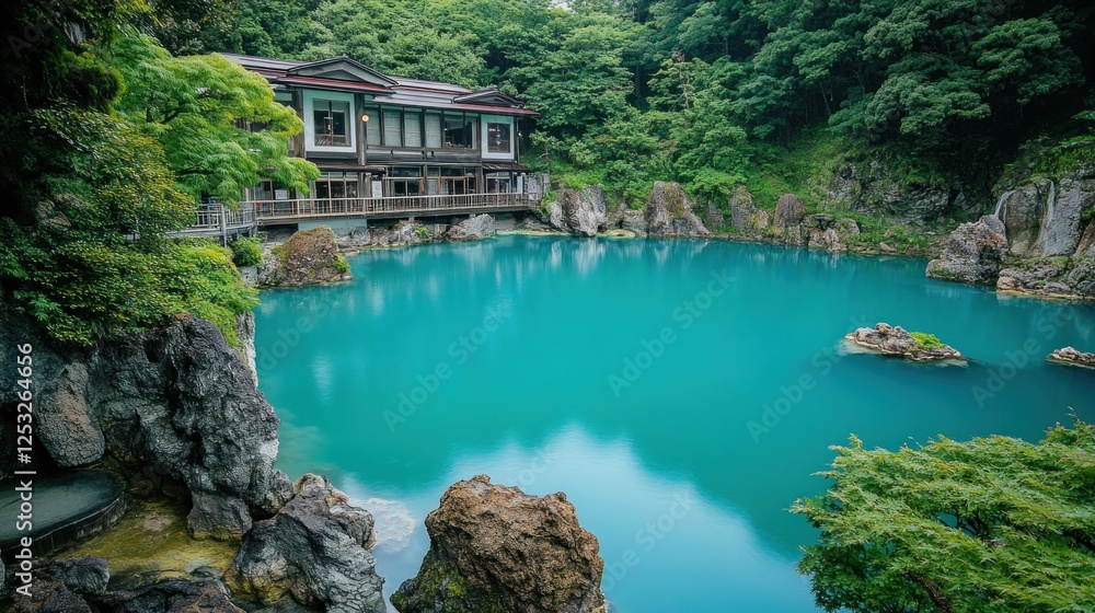 Serene Japanese Lake House: Turquoise Waters and Lush Greenery Serene Japanese Lake House: Turquoise Waters and Lush Greenery