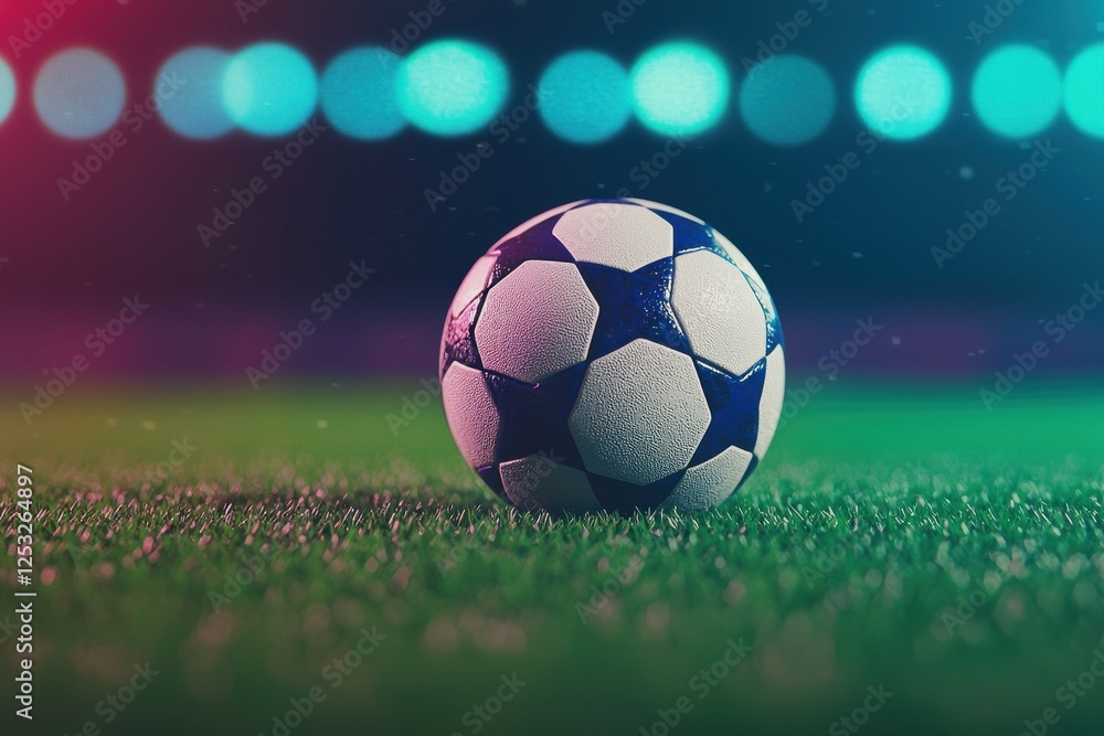 Fototapeta premium Soccer Ball on Grass Field Under Vibrant Lights at Night