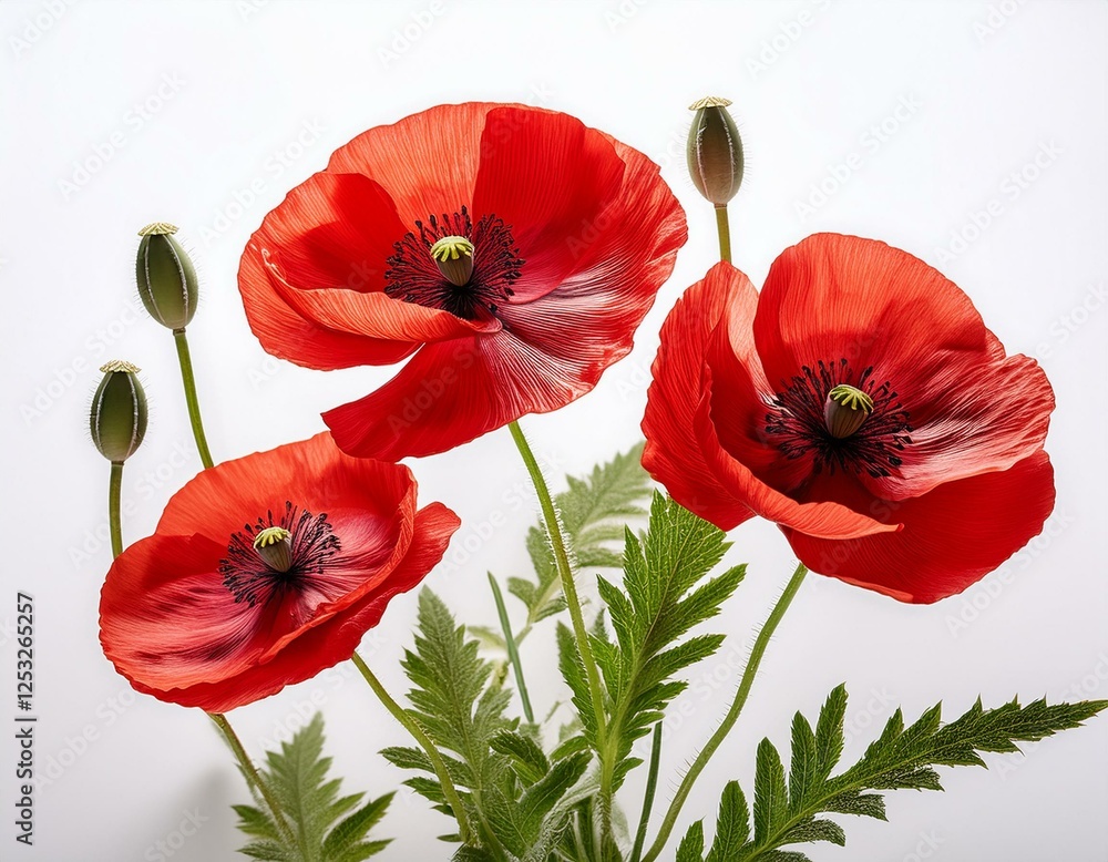 Obraz premium three red poppies with green stems and leaves against a white background