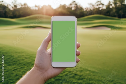 Hand Holding Smartphone with Green Screen on Golf Course Landscape