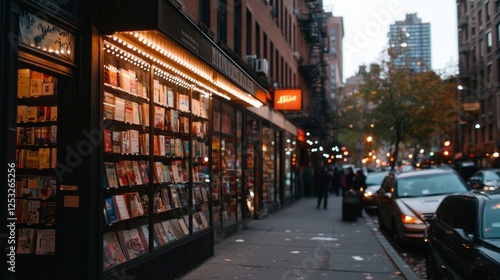 New York City Street Scene, Bookstore, Evening