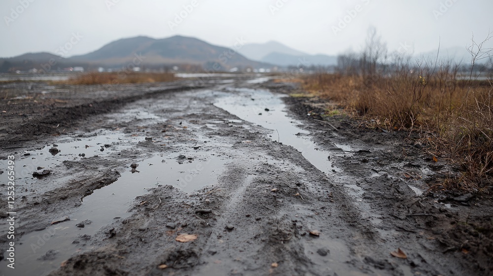 Muddy country road in autumn landscape