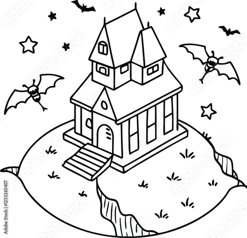 An isometric haunted house line art vector on a hill with broken windows, bats flying around, and a spooky atmosphere