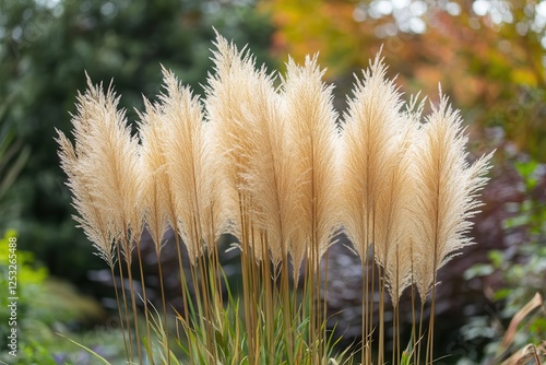 Soft, feathery golden reeds against a blurred background . photo