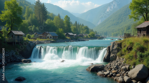 A serene waterfall cascades into a river, surrounded by lush greenery and quaint wooden houses nestled in the mountains. The bright sky adds to the calm atmosphere