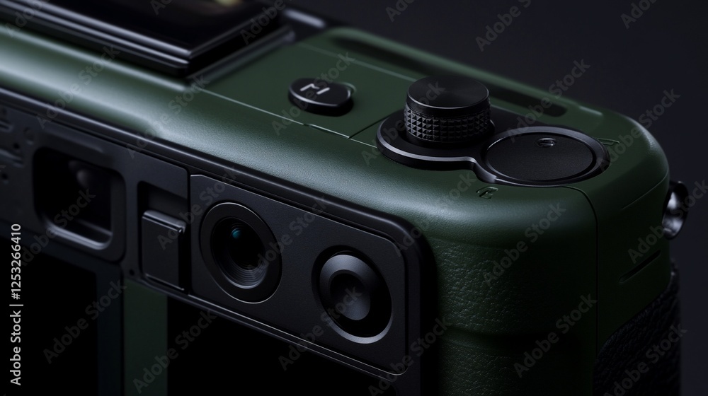 Close-up of a Sophisticated Dark Green Camera Close-up of a Sophisticated Dark Green Camera