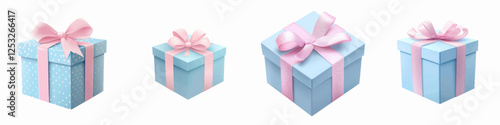 Vector of collection of beautifully wrapped gift boxes in various sizes, adorned with pink ribbons, ideal for celebrations and special occasions.