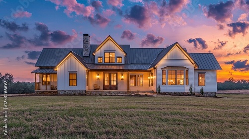 Modern farmhouse at sunset.  Exterior of a large, white,  contemporary farmhouse with dark metal roof,  illuminated at dusk, situated on a grassy field. photo