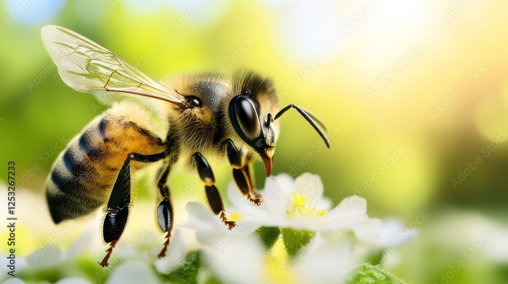 Honeybee Gathering Pollen From White Flower Honeybee Gathering Pollen From White Flower