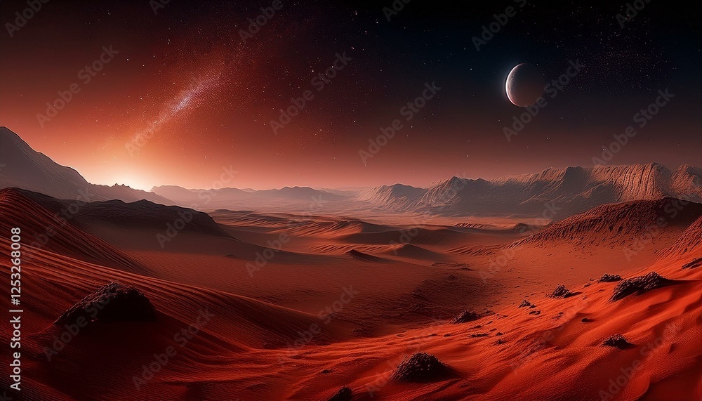 mars space landscapes concept, the martian surface, the red sand dunes with dark night universe in background with stars mars space landscapes concept, the martian surface, the red sand dunes with dark night universe in background with stars