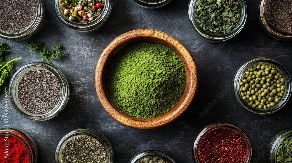 A variety of spices and herbs arranged around a central bowl of green powder. A variety of spices and herbs arranged around a central bowl of green powder.