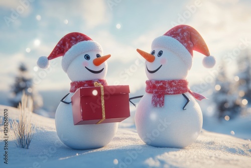 Two cute, happy snowmen in winter . One is giving the other a gift box. 