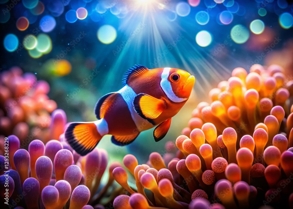 Vibrant Clownfish in Coral Reef with Bokeh, Underwater Scene Vibrant Clownfish in Coral Reef with Bokeh, Underwater Scene