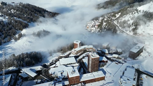 Aerial view of Skiing area of Paradiski, La Plagne, France Alpes