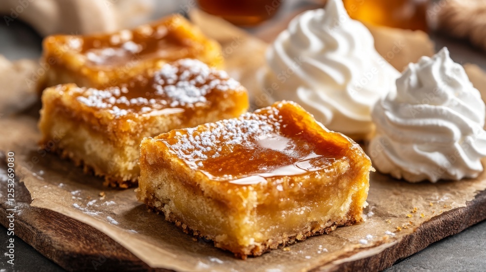 Freshly Baked Golden Maple Bars with Crisp Crust and Whipped Cream Freshly Baked Golden Maple Bars with Crisp Crust and Whipped Cream