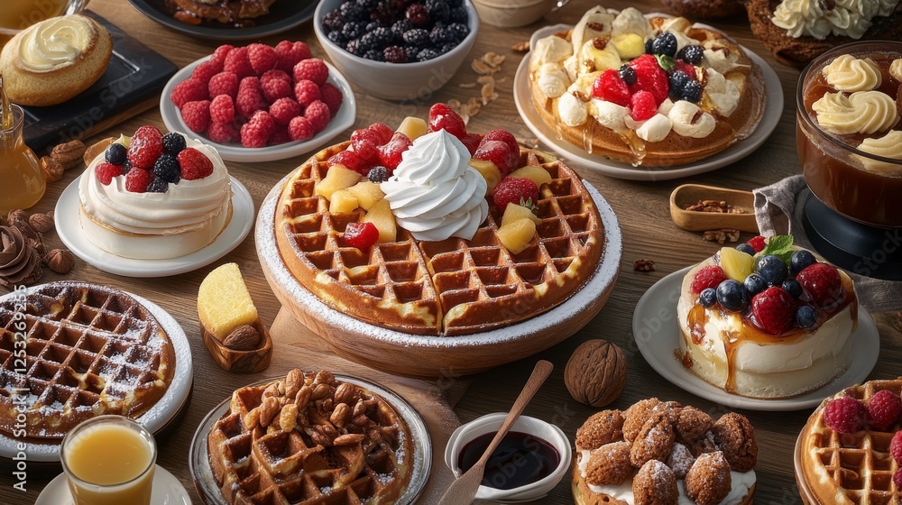 Freshly Baked Waffles with Diverse International Toppings Platter Freshly Baked Waffles with Diverse International Toppings Platter