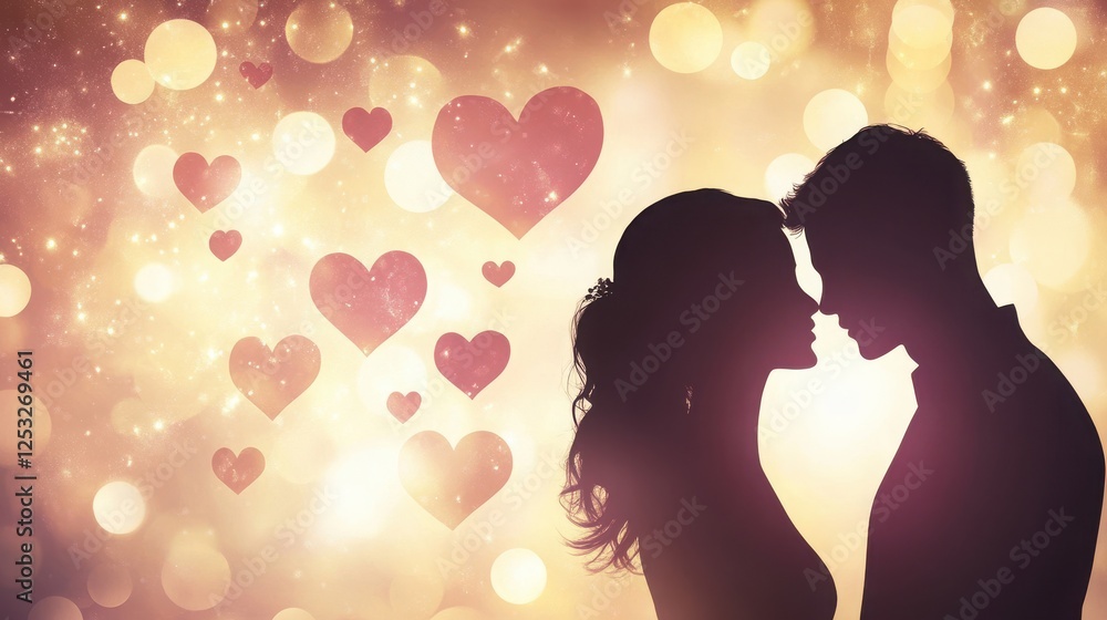 Valentine's Day card, romantic realism style, pink, purple and white tones, couple silhouettes and heart patterns, symmetrical composition creates a dreamy feeling. Valentine's Day card, romantic realism style, pink, purple and white tones, couple silhouettes and heart patterns, symmetrical composition creates a dreamy feeling.