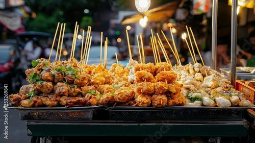 Street food skewers, various dishes, in a busy urban setting, for a food-focused stock photo photo