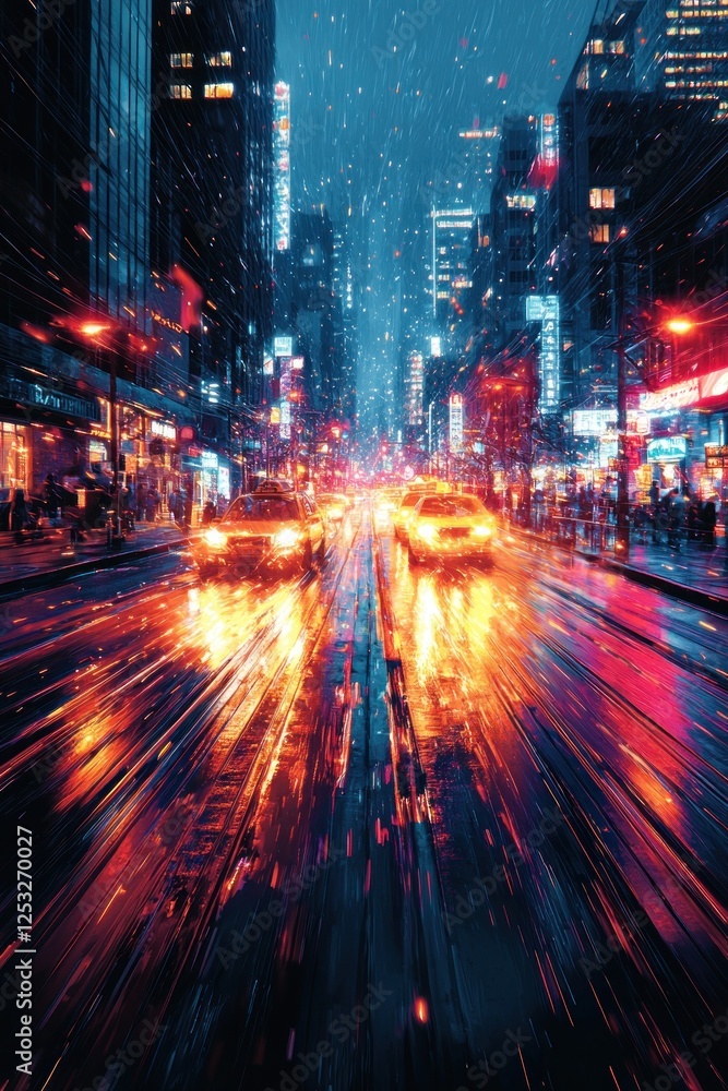 Fototapeta premium Night City Street Scene With Rain And Moving Cars