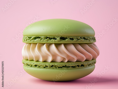 A thick, plump cream macaron with a pink background. Side view of a 3D composite object. The macaron has a vibrant green top and bottom, resembling matcha, with a thick, cream-colored swirl filling in photo