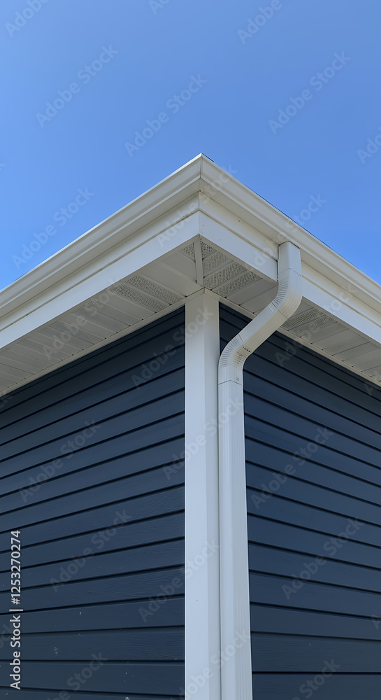 Blue Vinyl Siding Home: White Gutters, Downspout, Soffit & Fascia Detail - Exterior Architecture & Rainwater Management Blue Vinyl Siding Home: White Gutters, Downspout, Soffit & Fascia Detail - Exterior Architecture & Rainwater Management